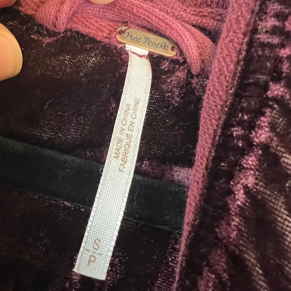 Free People Westwood Cardigan Size S Burgundy Velvet Trim Cloak Hood Dark Berry